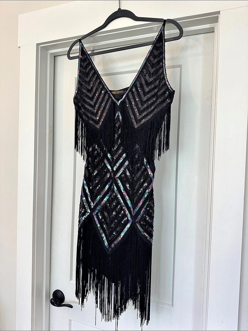 BABEYOND Sequin Fringe Mini Dress in Black Small (Flapper Dress)